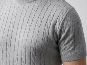 Erkek Yazlık Triko Dokuma Tişört Kısa Kol Bisiklet Yaka Örgü Desenli T-Shirt - Gri