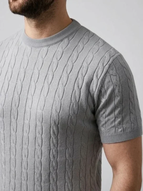 280720266a67f17ec304a.webp Erkek Yazlık Triko Dokuma Tişört Kısa Kol Bisiklet Yaka Örgü Desenli T-Shirt - Gri