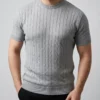 280720266a67f1808e87b.webp Erkek Yazlık Triko Dokuma Tişört Kısa Kol Bisiklet Yaka Örgü Desenli T-Shirt - Gri