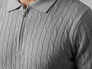 Erkek Yazlık Triko Saç Örgü Tişört Kısa Kol Polo Yaka Fermuarlı T-Shirt - Gri