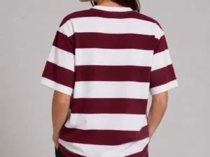 Çizgili Oversize Tişört Bisiklet Yaka Kısa Kol Yazlık T-Shirt - Bordo