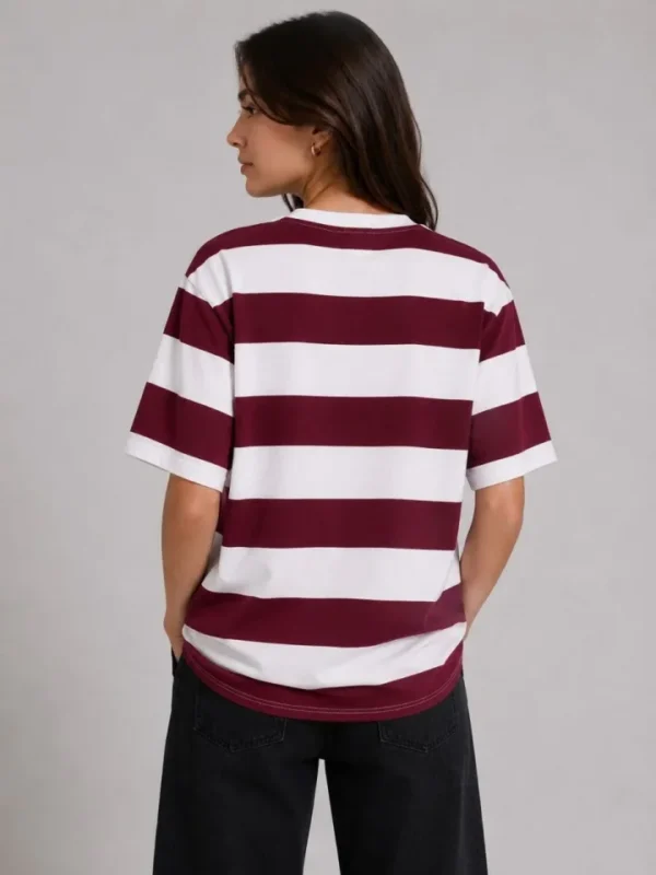 280720266a67f21ea60b5.webp Çizgili Oversize Tişört Bisiklet Yaka Kısa Kol Yazlık T-Shirt - Bordo