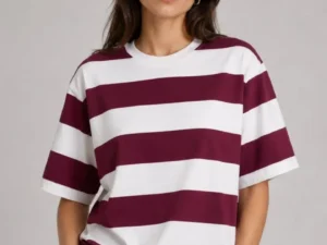 Çizgili Oversize Tişört Bisiklet Yaka Kısa Kol Yazlık T-Shirt - Bordo