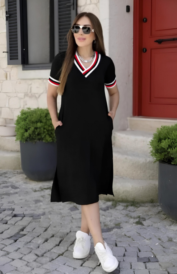 280720266a67f8a777c03.png Kadın Kısa Kollu V Yaka Ribana Detay Midiboy Viskon Elbise