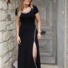 280720266a67feb94a30a.png Kadın Yuvarlak Ribana Yaka Beyaz Yırtmaç Detaylı Viskon Tam Boy Elbise