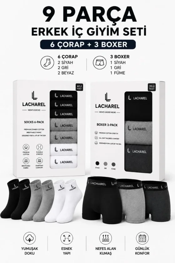 Erkek 9Lu İç Giyim Seti Pamuklu 3 Boxer 6 Çorap Çoklu Paket - Siyah - Füme - Gri - Beyaz
