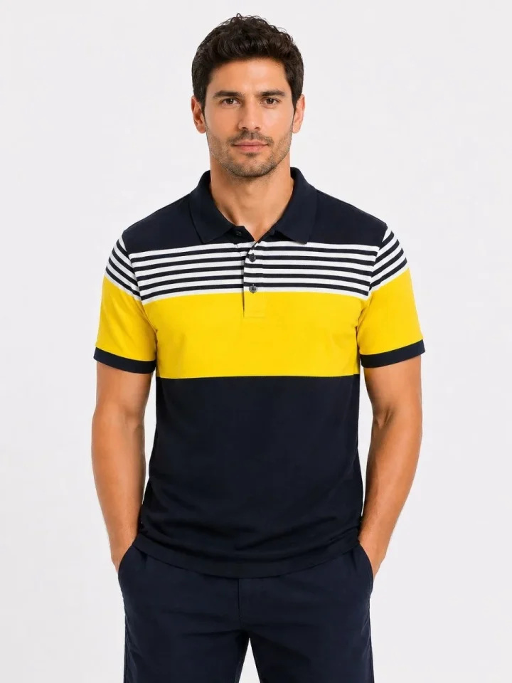 Erkek Pike Kumaş Çizgili Polo Yaka Tişört Kısa Kol Yazlık T-Shirt - Lacivert