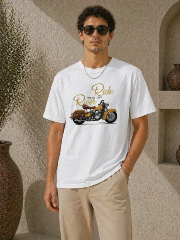 290720266a6946a234860.webp Erkek Motosiklet Baskılı Tişört Bisiklet Yaka Kısa Kol Yazlık T-Shirt - Beyaz