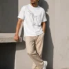 Erkek Minimal Kedi Çizim Baskılı Tişört Kısa Kol Yazlık T-Shirt - Beyaz