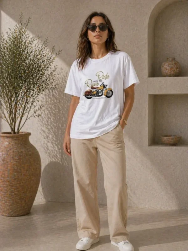 290720266a694736bc245.webp Erkek Motosiklet Baskılı Tişört Bisiklet Yaka Kısa Kol Yazlık T-Shirt - Beyaz