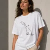 Erkek Minimal Kedi Çizim Baskılı Tişört Kısa Kol Yazlık T-Shirt - Beyaz