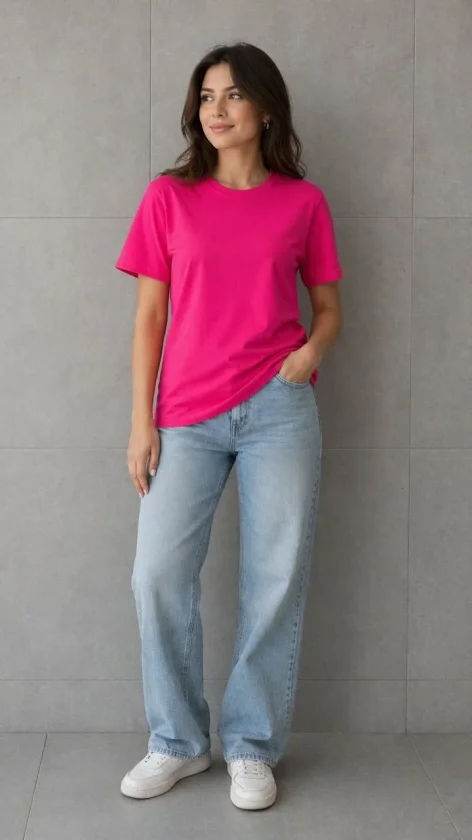290720266a6948e1d34ec.webp Basic Pamuklu Tişört Bisiklet Yaka Düz Renk Relaxed Fit T-Shirt - Fuşya