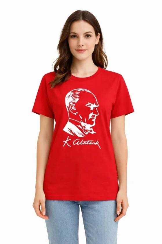 Atatürk Baskılı Tişört Kısa Kollu Bisiklet Yaka T-Shirt - Kırmızı