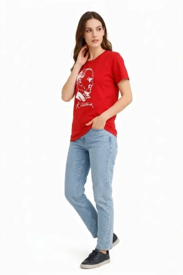 Atatürk Baskılı Tişört Kısa Kollu Bisiklet Yaka T-Shirt - Kırmızı