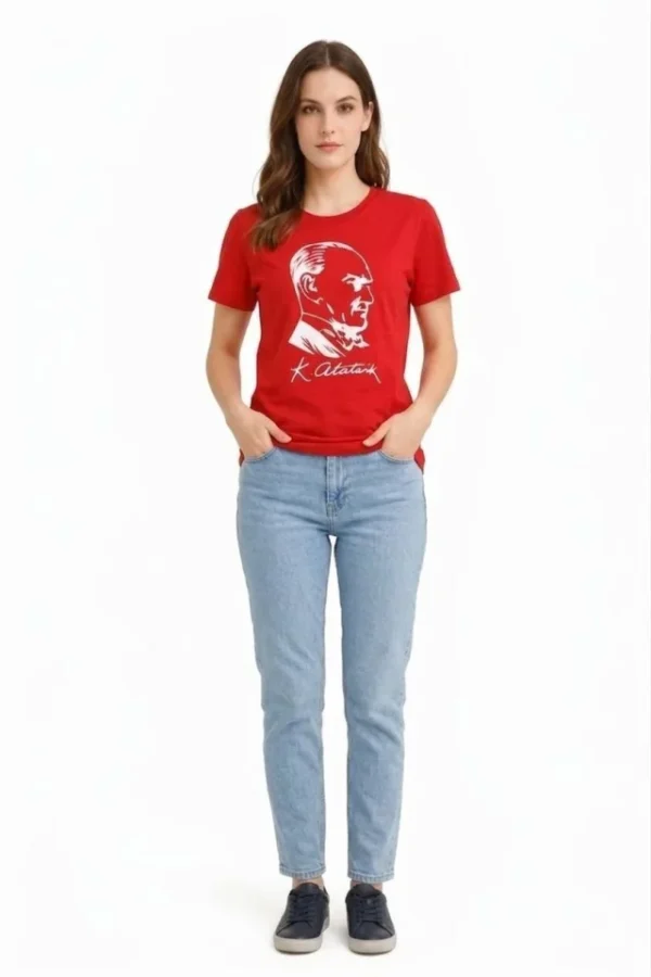 Atatürk Baskılı Tişört Kısa Kollu Bisiklet Yaka T-Shirt - Kırmızı