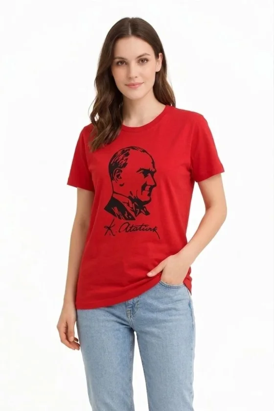 Atatürk Baskılı Tişört Kısa Kollu Bisiklet Yaka T-Shirt - Kırmızı
