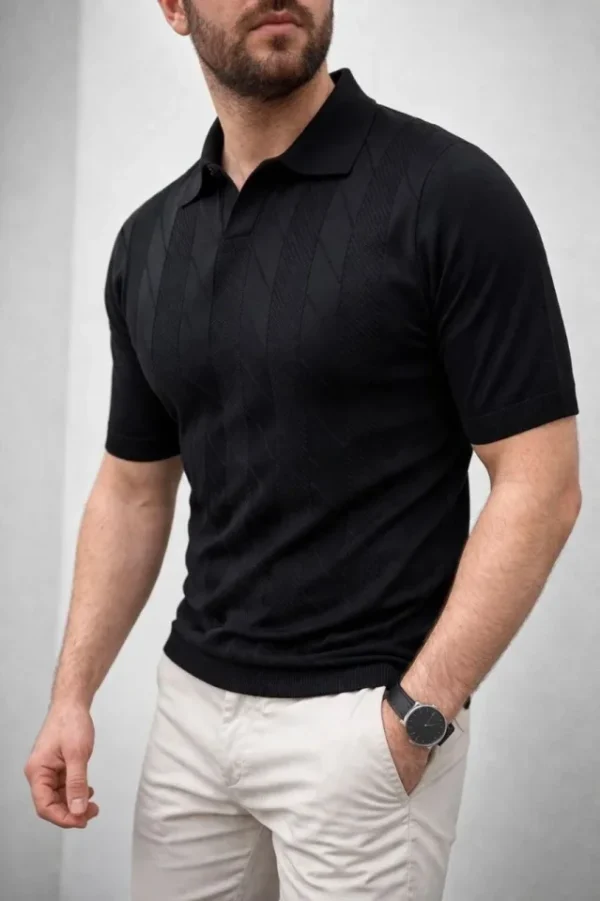 290720266a69581776917.webp Erkek Yazlık Triko Dokuma Tişört Kısa Kol Polo Yaka T-Shirt - Siyah