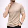 Erkek Fitilli Triko Dokuma Kısa Kol Tişört Yarım Boğaz Modern Yazlık T-Shirt - Bej
