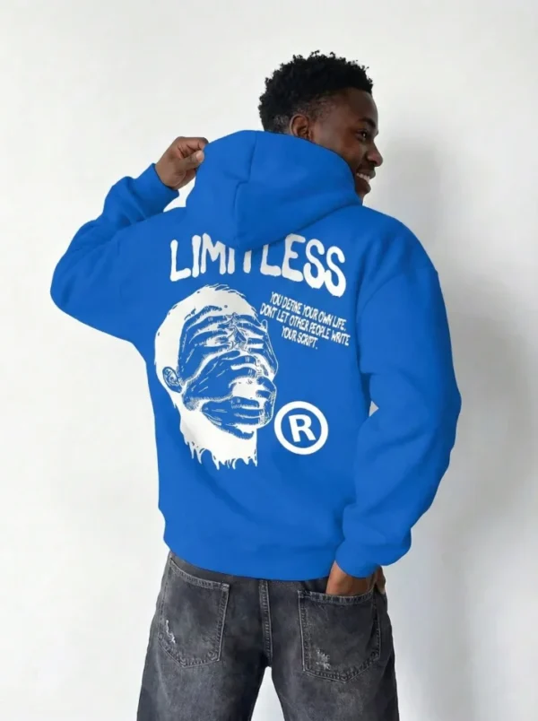 290720266a695ba34a261.webp Erkek Premium Baskılı Kapşonlu Sweatshirt Üç İplik İçi Pamuklu Kanguru Cepli - Saks Mavisi