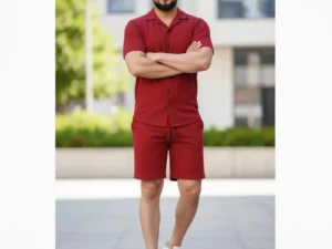 290720266a695fa1bde36.webp Erkek Waffle Kumaş Kısa Kollu Gömlek Şort Takım Regular Fit Yazlık İkili Set - Bordo