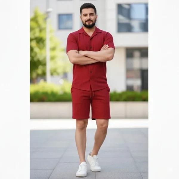 290720266a695fa1bde36.webp Erkek Waffle Kumaş Kısa Kollu Gömlek Şort Takım Regular Fit Yazlık İkili Set - Bordo