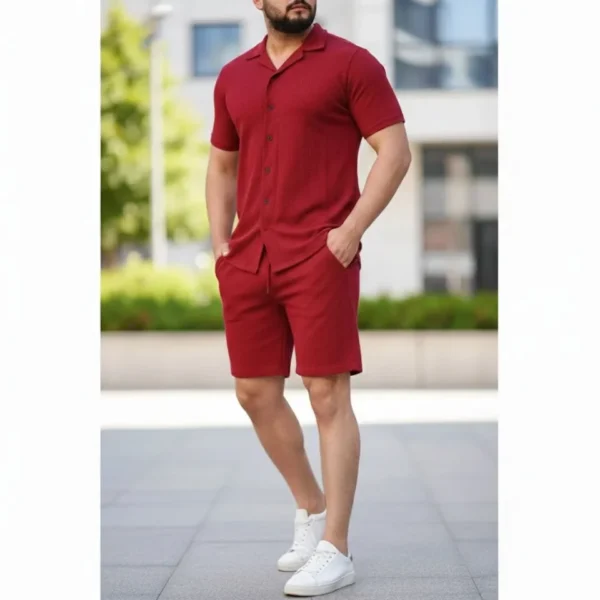 290720266a695fa5d10b4.webp Erkek Waffle Kumaş Kısa Kollu Gömlek Şort Takım Regular Fit Yazlık İkili Set - Bordo