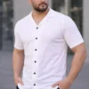 290720266a695fecc870b.webp Erkek Waffle Kumaş Kısa Kollu Düğmeli Açık Yaka Regular Fit Gömlek - Beyaz