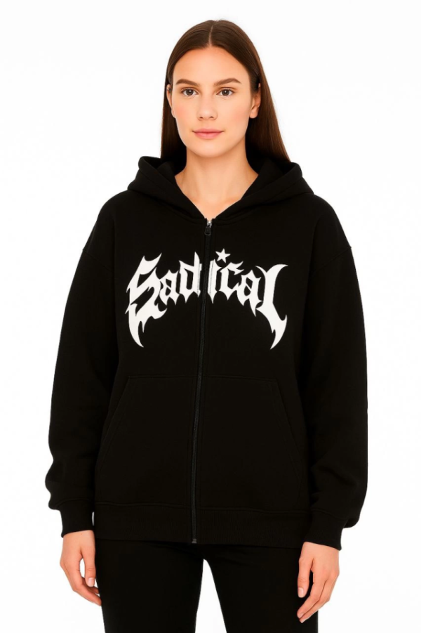 290720266a69620caf641.png Oversize Kapüşonlu Sweatshirt Hoodie 3 İplik Şardonlu Pamuklu Kumaş, Önü Baskılı, Fermuarlı Rahat Kalıp, Kışlık Ve Sokak Stili Sweat - Siyah