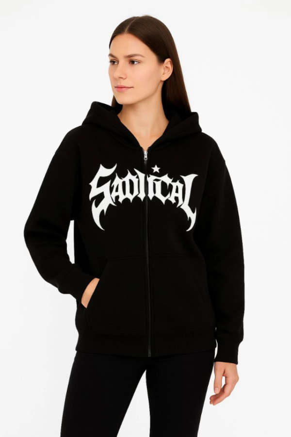 290720266a69621480eaf.png Oversize Kapüşonlu Sweatshirt Hoodie 3 İplik Şardonlu Pamuklu Kumaş, Önü Baskılı, Fermuarlı Rahat Kalıp, Kışlık Ve Sokak Stili Sweat - Siyah