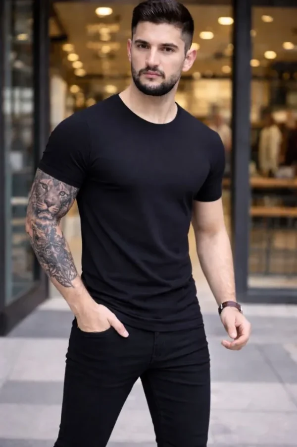290720266a696902e9a68.webp Erkek T-Shirt Bisiklet Yaka Slim Fit Dar Kesim Likralı Tişört Günlük Basic Body - Siyah