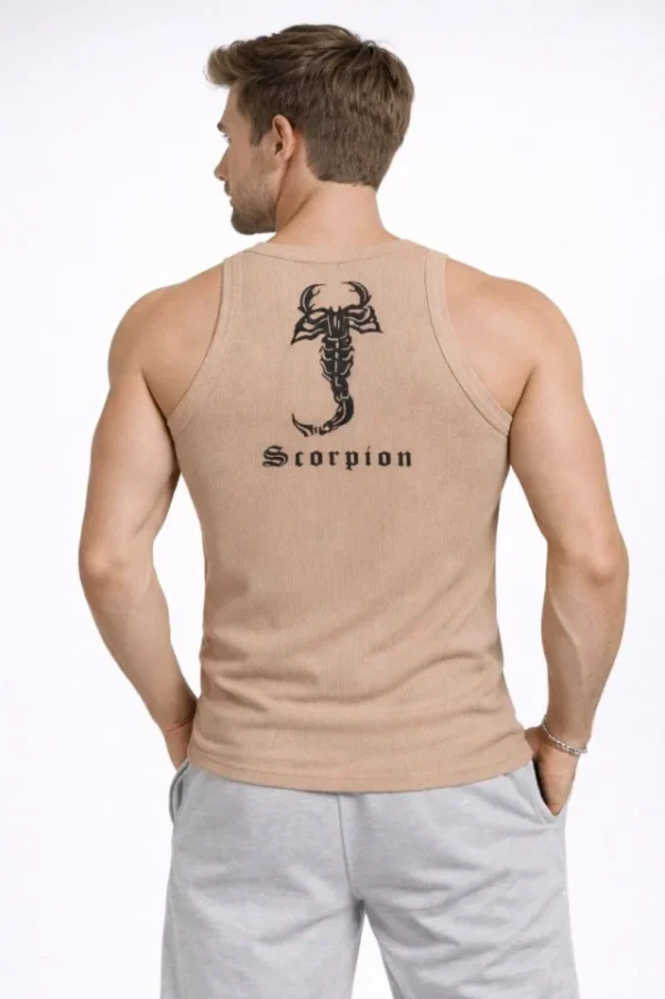 290720266a696abf68a22.webp Erkek Fitilli Atlet Sıfır Yaka Slim Fit Arka Baskılı Spor Atlet - Bej