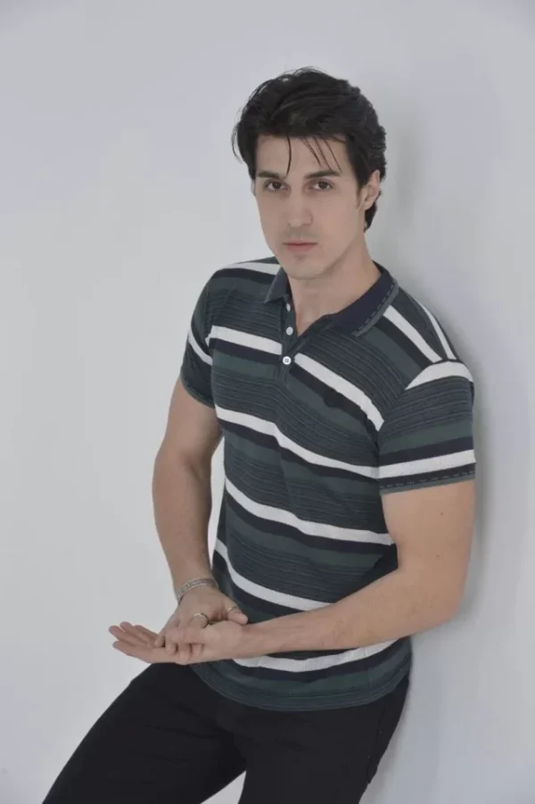 290720266a69a25f3f30a.webp Erkek Yakalı Slim Fit Dokuma Çizgili T-Shirt - Haki