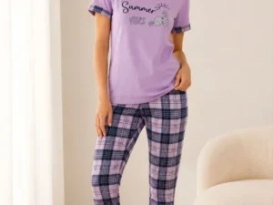 Pamuklu Penye Summer Baskılı Kısa Kollu Pijama Takımı Bisiklet Yaka Ekose Desenli - Lila