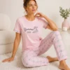 300720266a6a960f7cbc1.webp Pamuklu Penye Summer Baskılı Kısa Kollu Pijama Takımı Ekose Desenli - Pembe