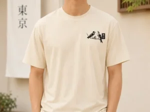300720266a6bcb2a2f6a3.webp Erkek Ön Ve Arka Tokyo Kuş Çiçek Baskılı Oversize T-Shirt - Ekru