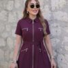 Kadın Kısa Kollı Yakalı önden Fermuarlı Ve Cepli Kısa Modal Elbise