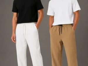 060820266a744e33a73ef.webp Erkek 2li Bürümcük Kumaş Beli Lastikli Bağcıklı Bol Paça Pantolon - Beyaz/Vizon