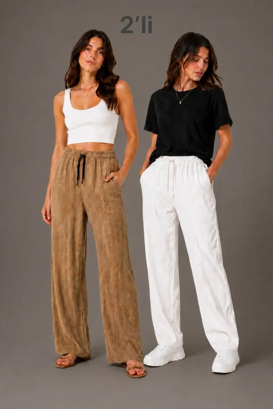 060820266a744e4c320f3.webp Erkek 2li Bürümcük Kumaş Beli Lastikli Bağcıklı Bol Paça Pantolon - Beyaz/Vizon