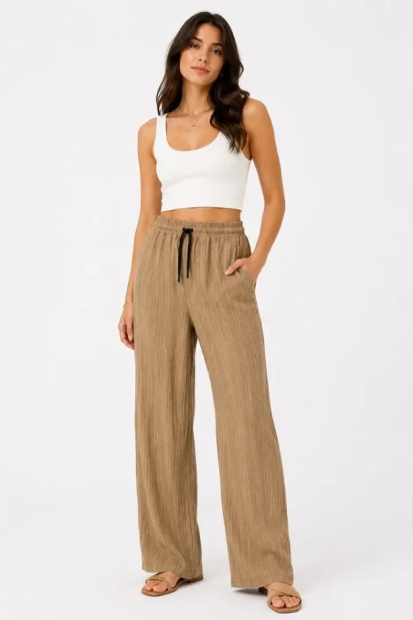 060820266a744e4cc6983.webp Erkek 2li Bürümcük Kumaş Beli Lastikli Bağcıklı Bol Paça Pantolon - Beyaz/Vizon