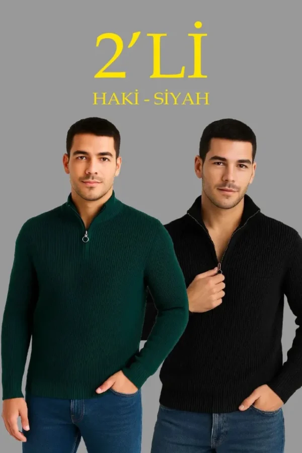 190820266a855b052924d.webp Erkek Fitilli Triko Kazak 2’li Set – Siyah - Haki Kalın Dokuma Pamuklu Regular Fit V Yaka Fermuarlı Uzun Kollu Rahat Kışlık Kazak Kombini