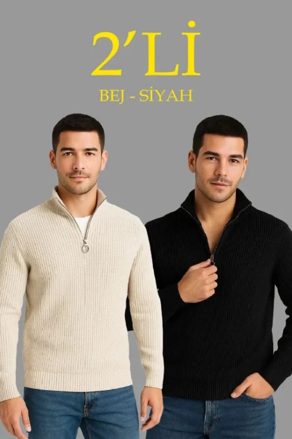 190820266a855b1631238.webp Erkek Fitilli Triko Kazak 2’li Set – Siyah - Bej Kalın Dokuma Pamuklu Regular Fit V Yaka Fermuarlı Uzun Kollu Rahat Kışlık Kazak Kombini