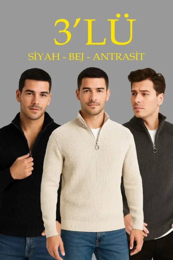 190820266a8571dc37490.webp Erkek Fitilli Triko Kazak 3’lü Set – Antrasit, Siyah, Bej Kalın Dokuma Pamuklu Regular Fit V Yaka Fermuarlı Uzun Kollu Rahat Kışlık Kazak Kombini