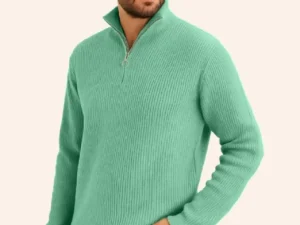 Erkek Fitilli Triko Kazak 2’li Set – Mint Yeşili - Siyah, Kalın Dokuma Pamuklu Regular Fit V Yaka Fermuarlı Uzun Kollu Rahat Kışlık Kazak Kombini