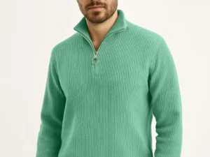 Erkek Fitilli Triko Kazak 2’li Set – Mint Yeşili - Siyah, Kalın Dokuma Pamuklu Regular Fit V Yaka Fermuarlı Uzun Kollu Rahat Kışlık Kazak Kombini