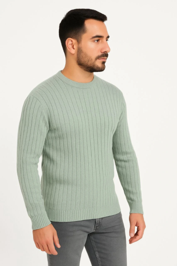 190820266a857276797fd.png Erkek Bisiklet Yuvarlak Yaka Triko Kazak Pamuklu Kalın Fitilli Dokuma, Regular Fit Uzun Kollu Kışlık Model - Mint Yeşili