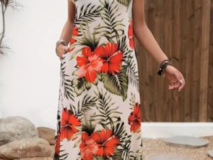 Kadın Askılı Yuvarlak Yaka Cepli Desenli Süprem Elbise